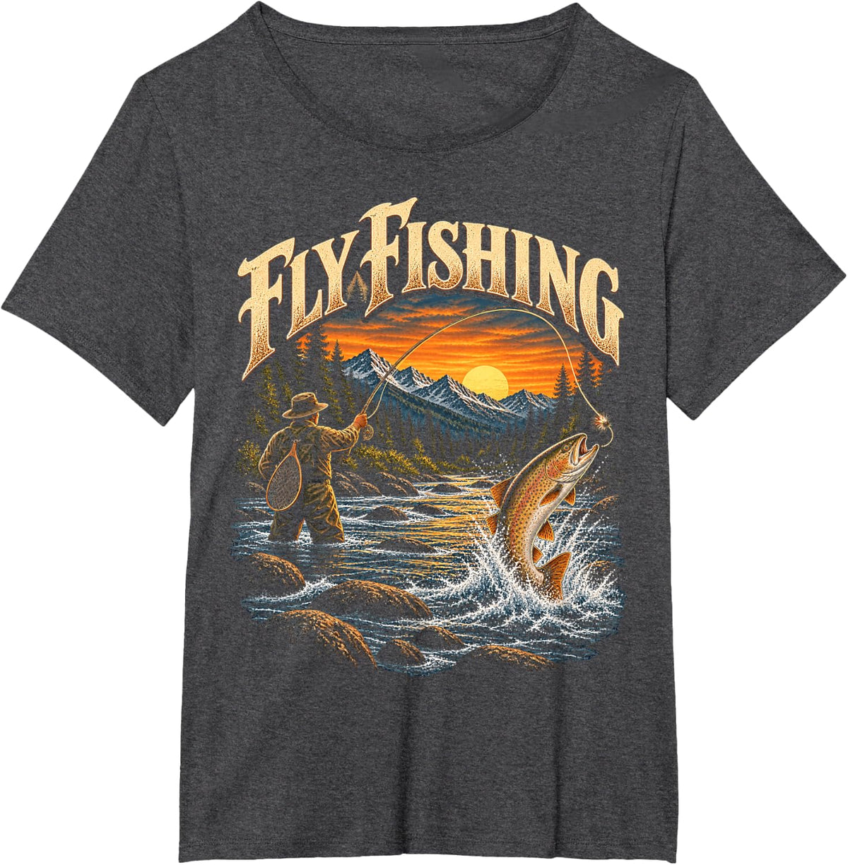 Vintage Fly Fishing Trout Fisherman Mountain River Art T-Shirt - Dark Heather Grey