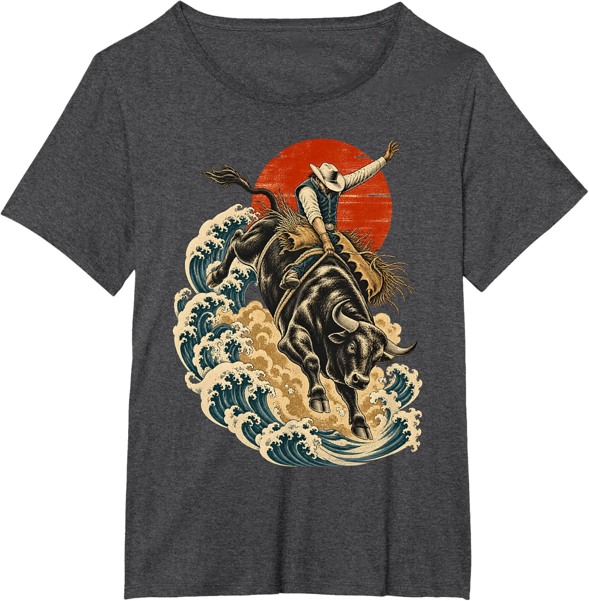 Rodeo Bull Riding Cowboy Japanese Wave Art T-Shirt - Dark Heather Grey