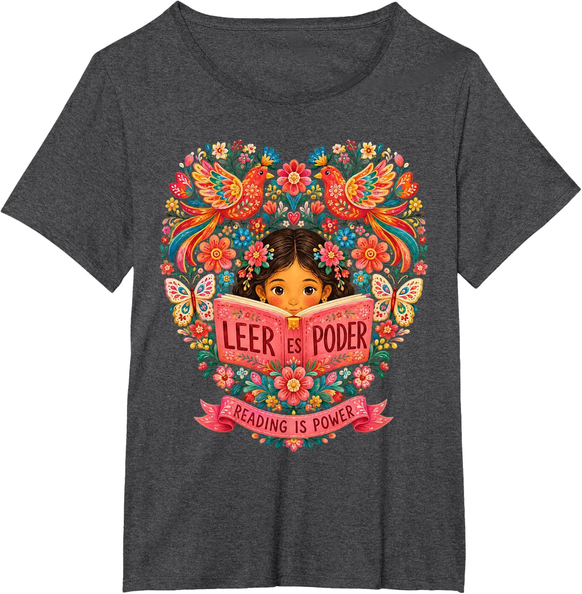 Leer ES Poder Tshirt Mexico Reading Floral Hispanic Heritage T-Shirt - Dark Heather Grey