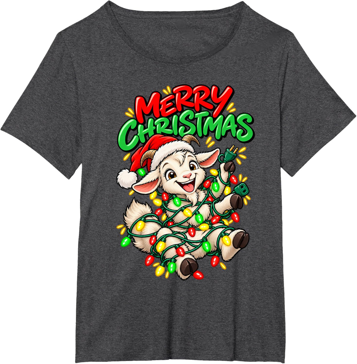Merry Christmas Happy Goat Cute Christmas Lights T-Shirt - Dark Heather Grey