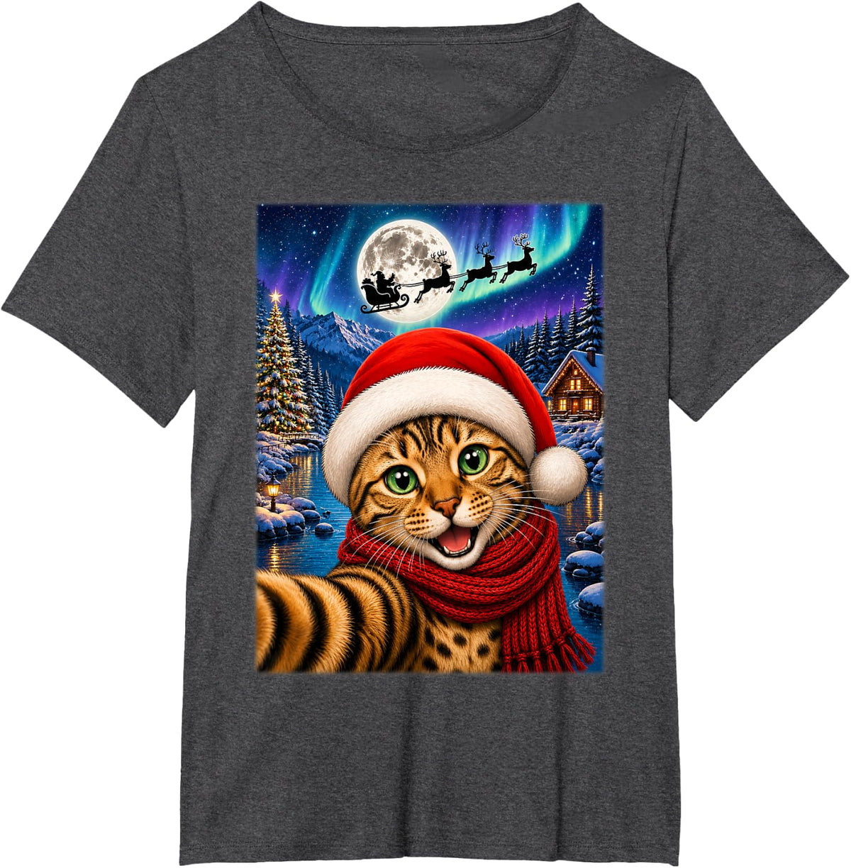 Bengal Cat Christmas Selfie Moon Night Santa Sleigh Xmas T-Shirt - Dark Heather Grey