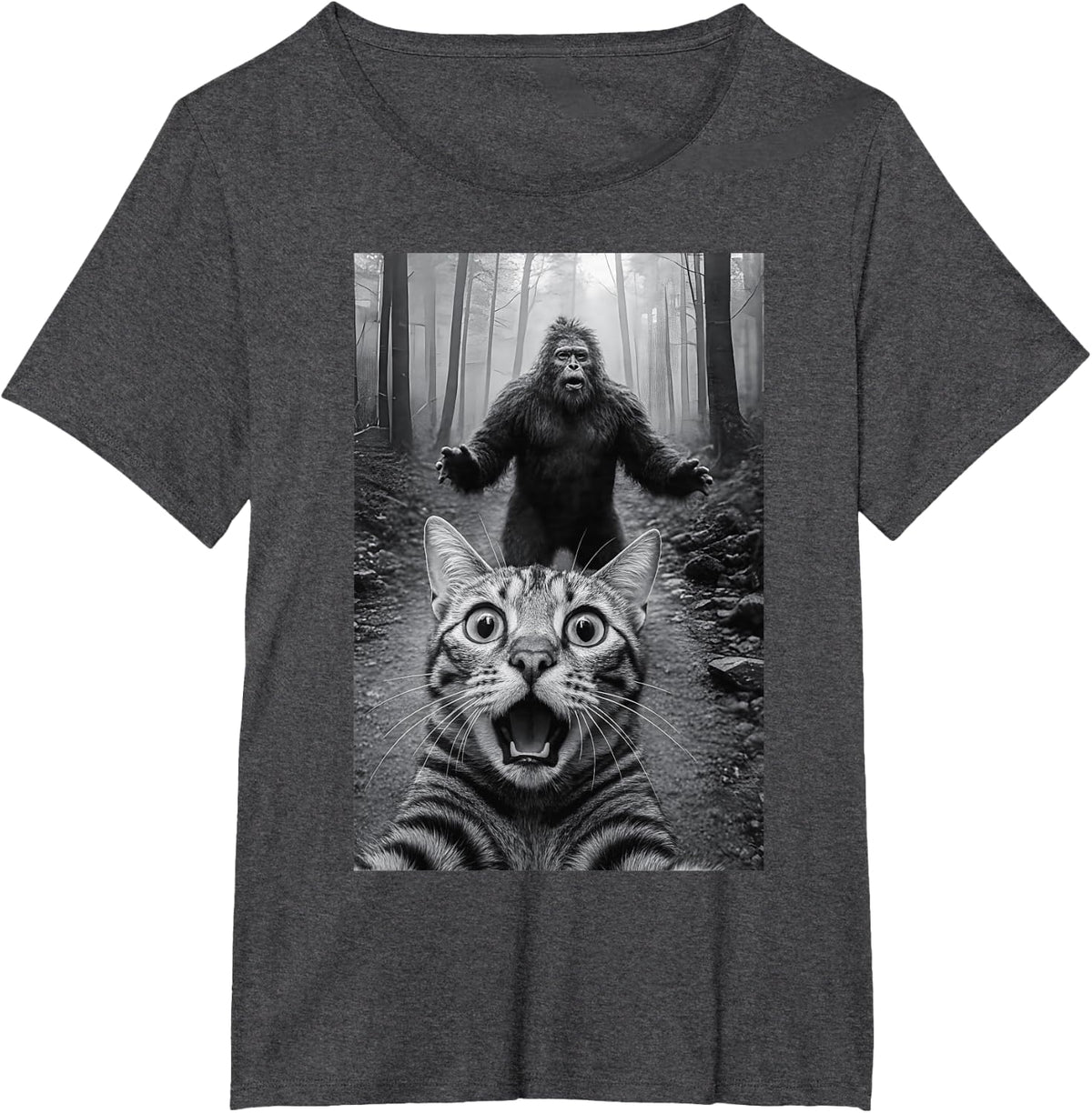 Funny Bigfoot Sasquatch Surprised Bengal Cat Selfie T-Shirt - Dark Heather Grey