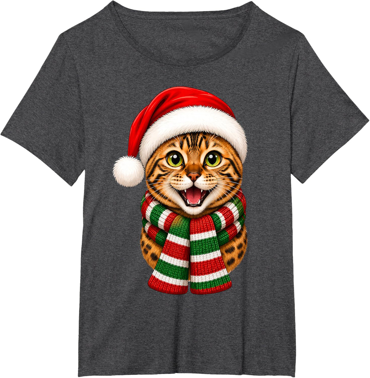 Bengal Cat Christmas Santa Hat Scarf Fun Animal Lover Xmas T-Shirt - Dark Heather Grey