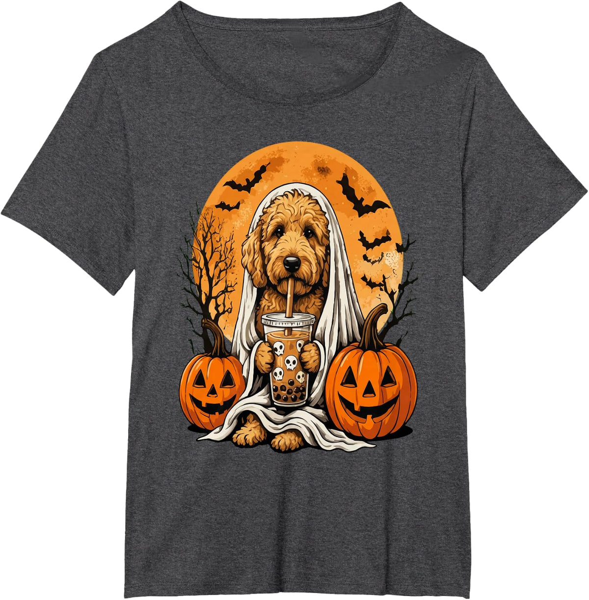 Goldendoodle Ghost and Boba Cute Halloween Dog T-Shirt - Dark Heather Grey