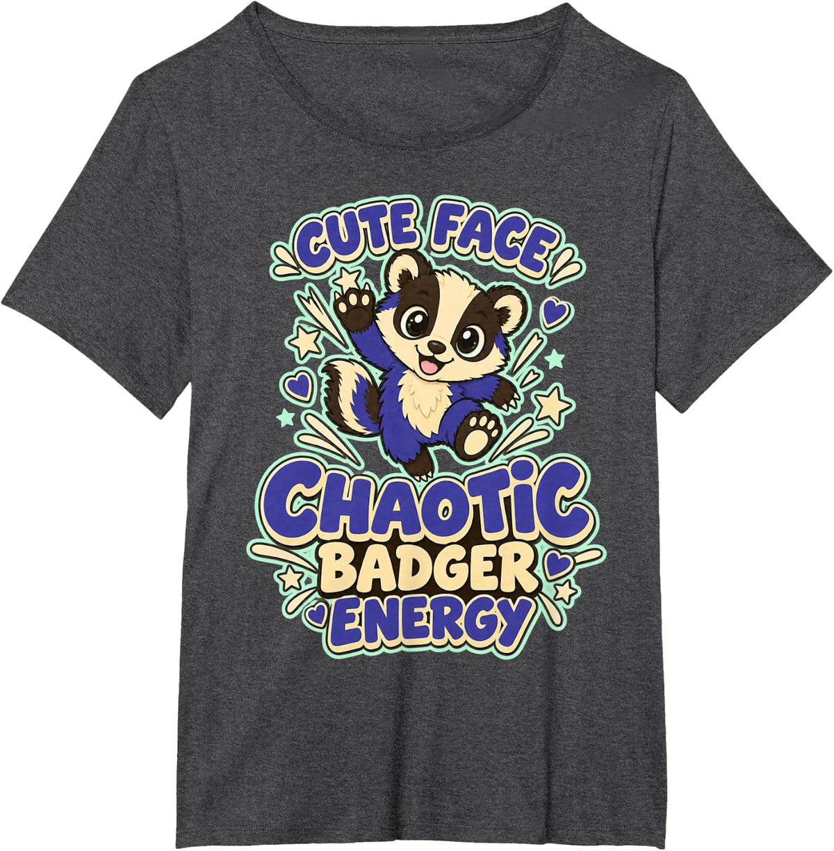 Cute Face Chaotic Badger Energy Kids Art T-Shirt - Dark Heather Grey