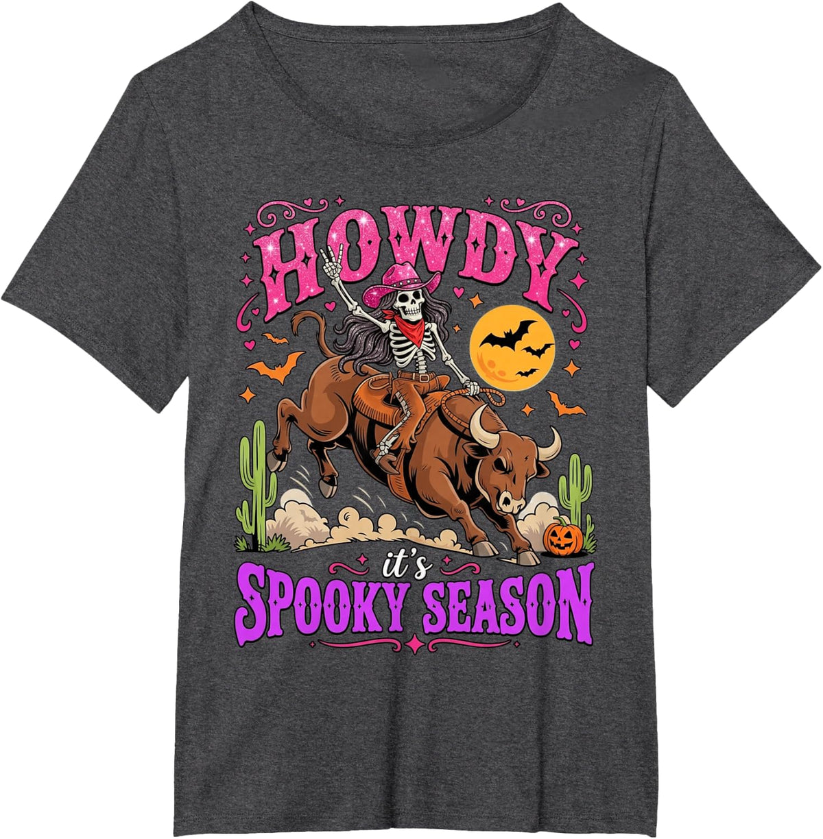 Cowgirl Bullrider Bull Riding Women Skeleton Pink Halloween T-Shirt - Dark Heather Grey