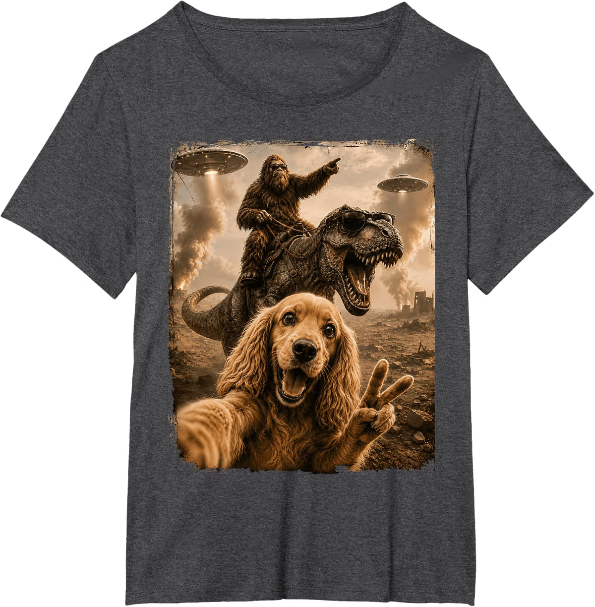Cocker Spaniel Selfie Bigfoot T Rex UFO Funny Humor T-Shirt - Dark Heather Grey