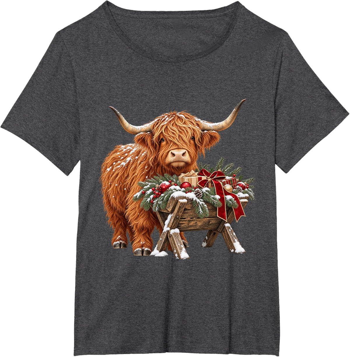 Highland Cow Christmas Cute Scottish Cow Holiday T-Shirt - Dark Heather Grey