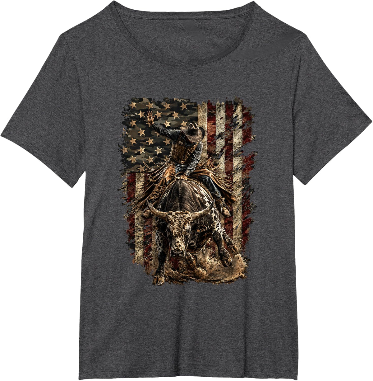 Western Rodeo-Bull Rider American Flag Cowboy Riding T-Shirt - Dark Heather Grey