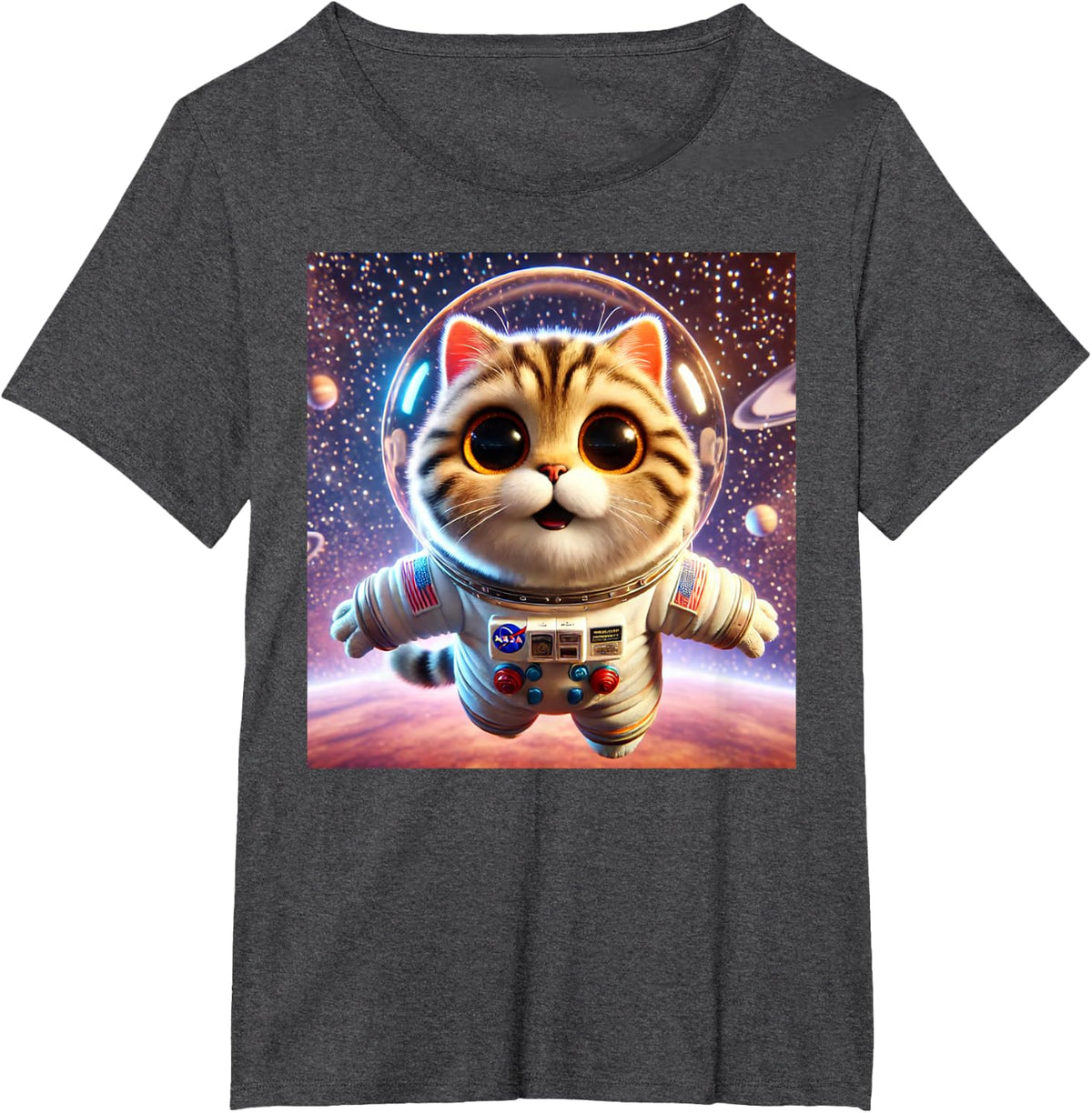 Space Cat Astronaut T-Shirt for Kids Men Women, Funny Cat Tee with Planets Gift - Dark Heather Grey