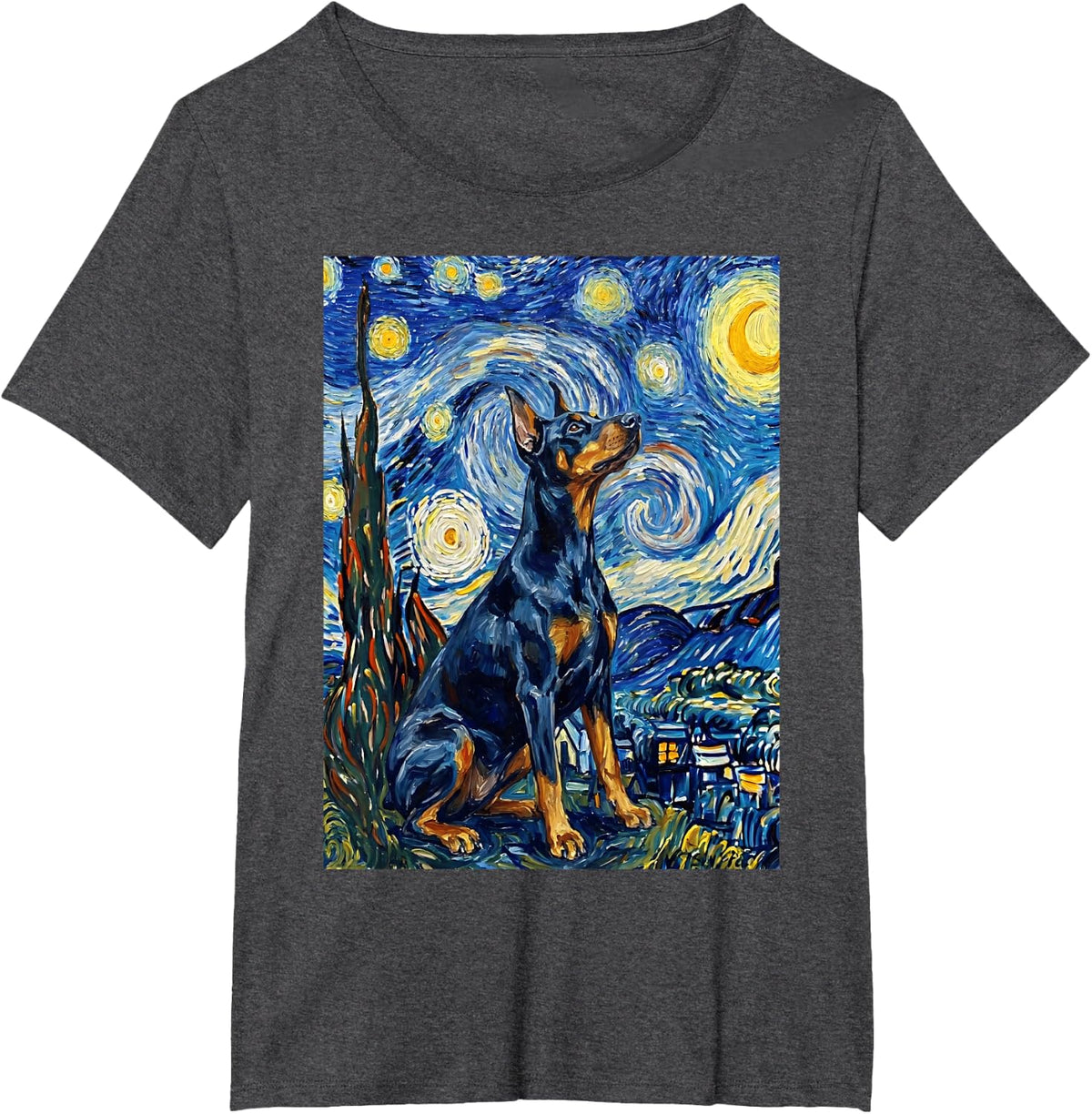 Doberman Starry Night Dog Art Van Gogh Style T-Shirt - Dark Heather Grey