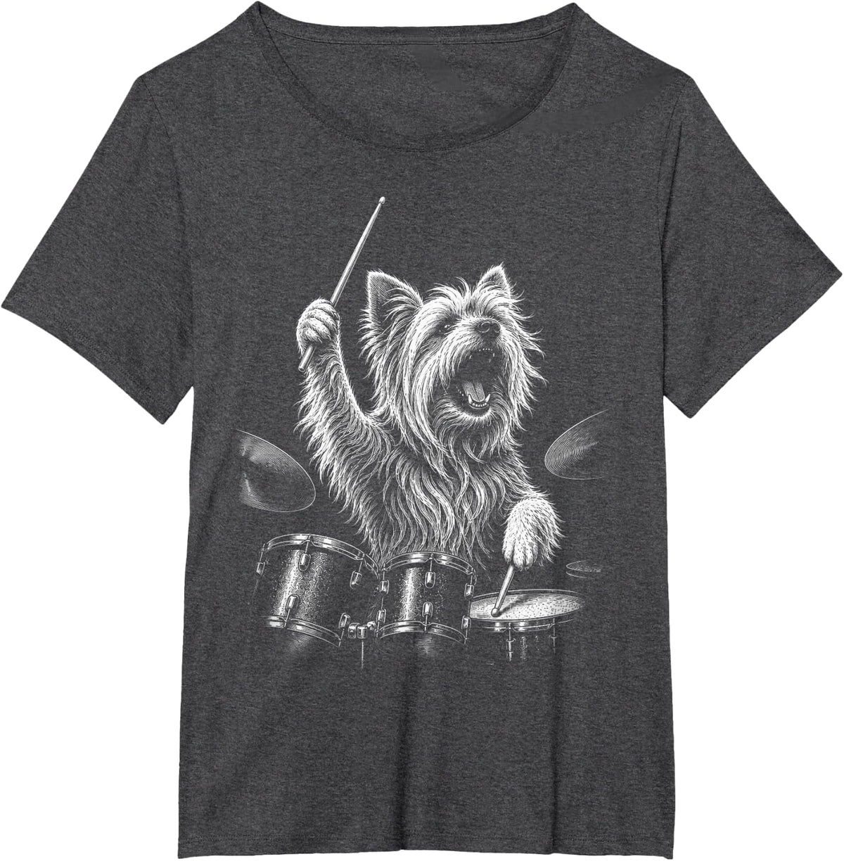 Yorkie Playing Drums Funny Drummer Yorkshire Terrier Dog T-Shirt - Dark Heather Grey