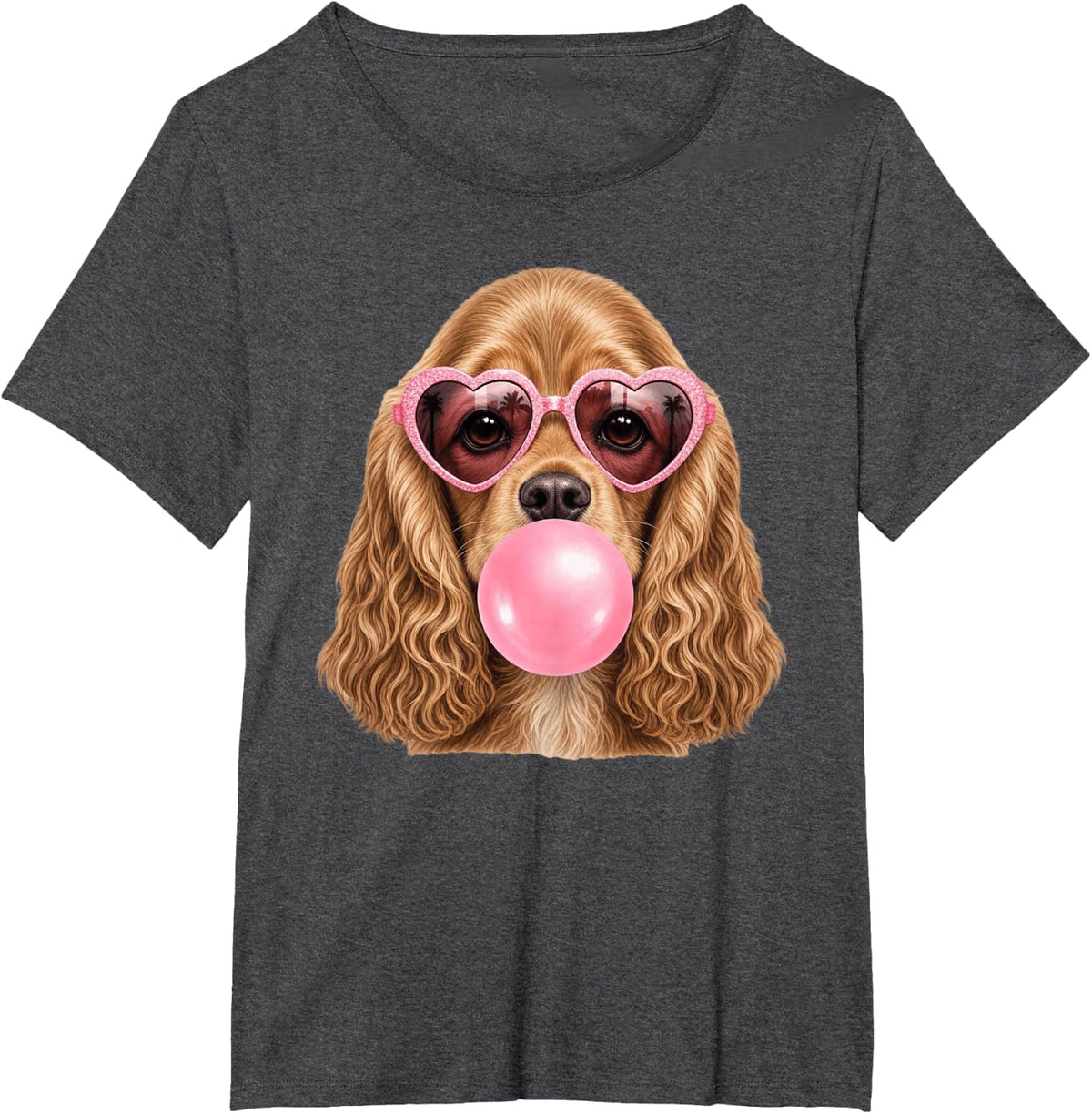 Cocker Spaniel Dog Blowing Bubble Gum Heart Pink Sunglasses T-Shirt - Dark Heather Grey