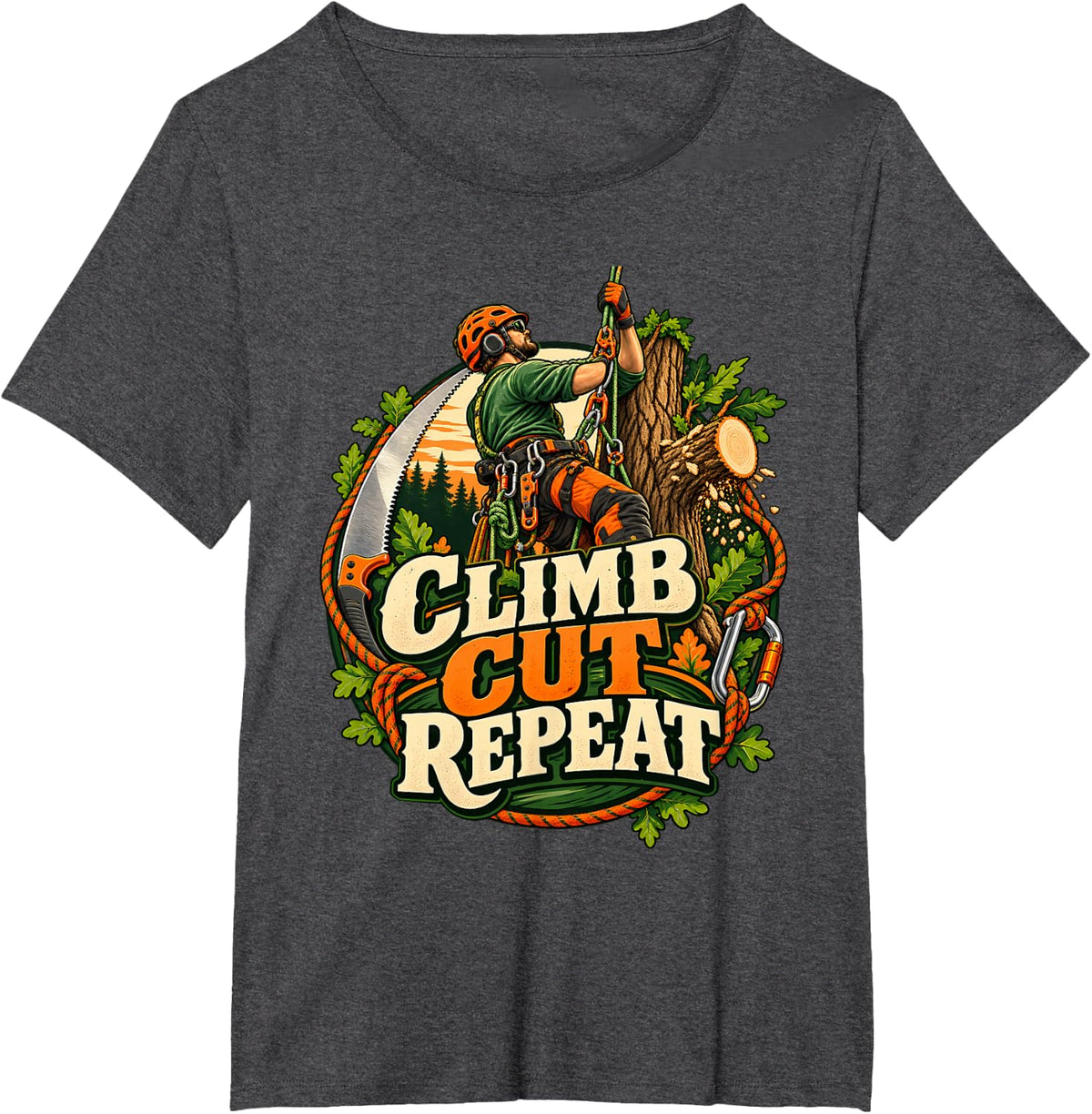Climb Cut Repeat Arborist Tree Climber Tree Surgeon T-Shirt - Dark Heather Grey