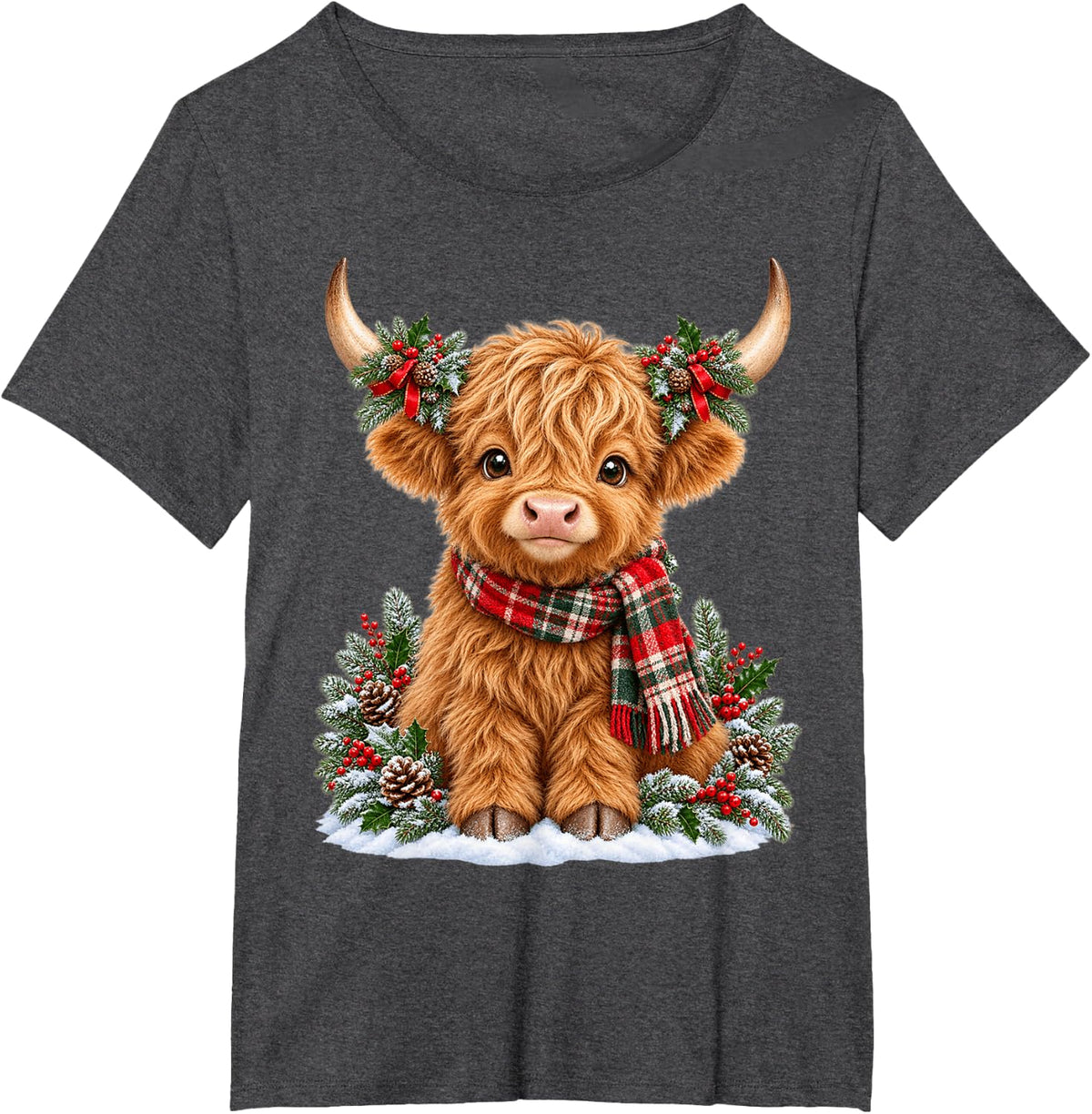 Merry Christmas Highland Cow Santa Hat Holiday Cow Lover T-Shirt - Dark Heather Grey