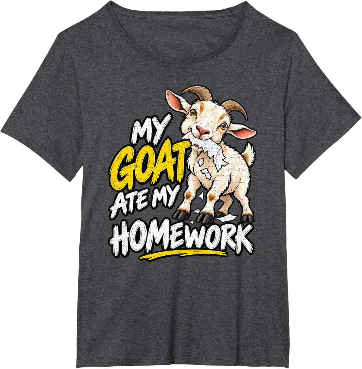 My Goat Ate My Homework Chewing Paper School Humor Art T-Shirt - Dark Heather Grey
