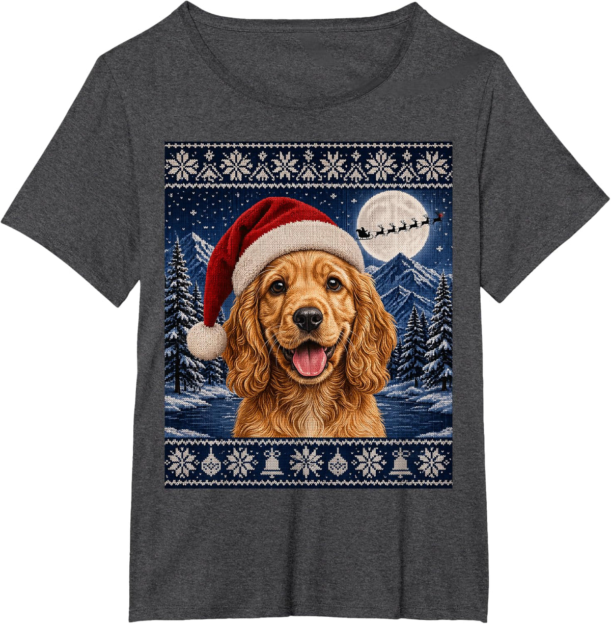 Cute Cocker Spaniel Puppy Dog Santa Ugly Christmas T-Shirt - Dark Heather Grey