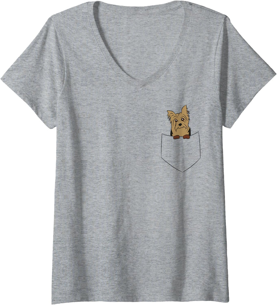 Womens Cute Yorkie In A Pocket Yorkie In Pocket V-Neck T-Shirt - Heather Grey
