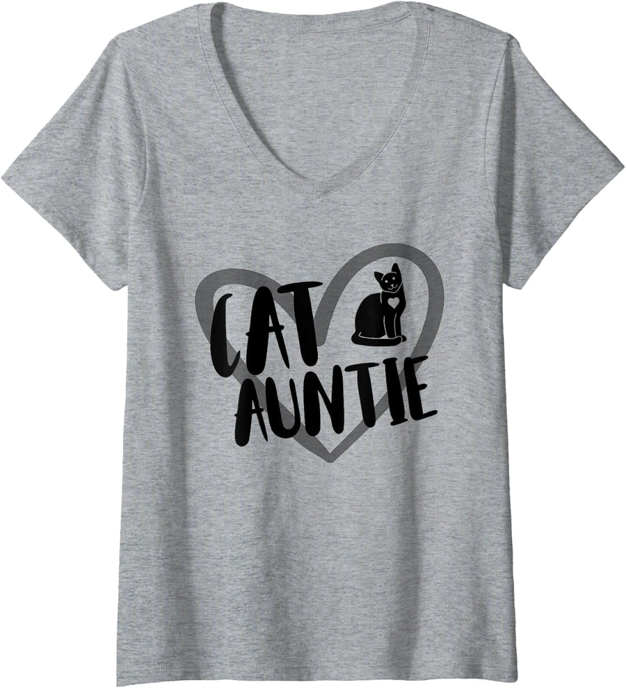 Cat Auntie Heart Cat Aunt Funny Cat Lover V-Neck T-Shirt - Heather Grey
