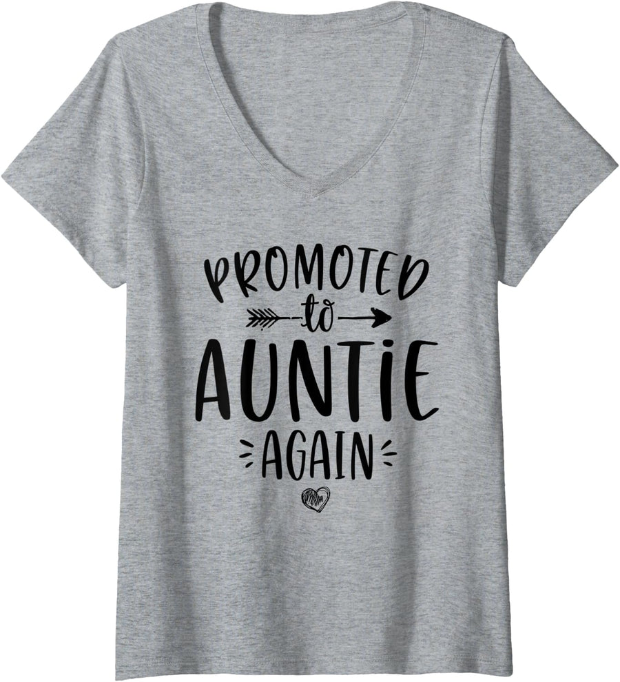 Womens Promoted to Auntie Again New Aunt To Be Gift For Sister V-Neck T-Shirt - Heather Grey