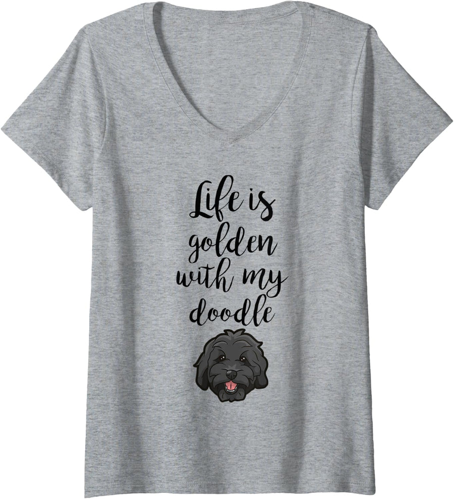 Womens Life Is Golden With My Doodle - Goldendoodle Dog Gift V-Neck T-Shirt - Heather Grey