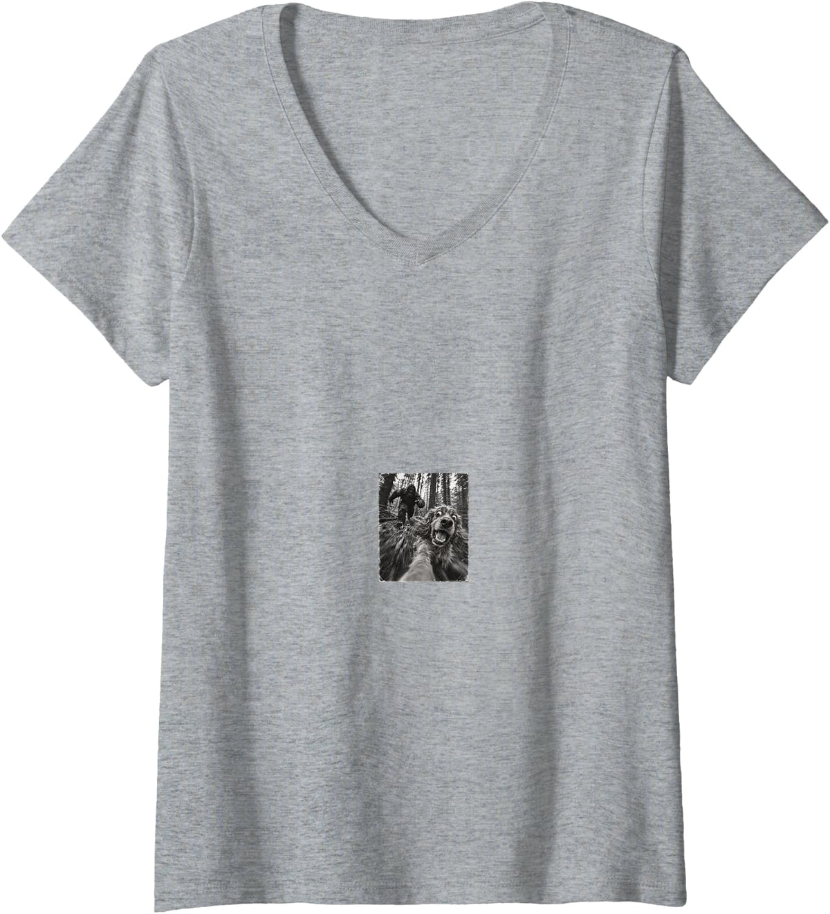 Women's Vintage Bigfoot Running After Cocker Spaniel Selfie Animal V-Neck T-Shirt - Heather Grey