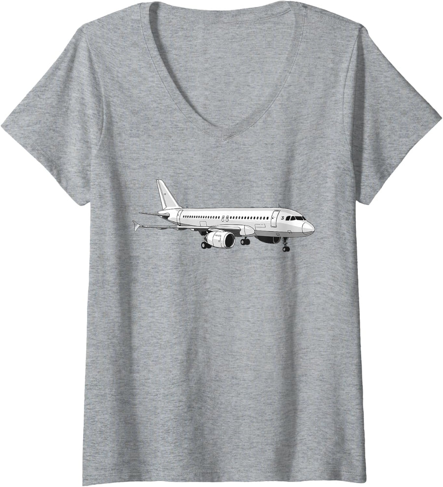 Women's A320 Airplane Drawing V-Neck T-Shirt - Heather Grey
