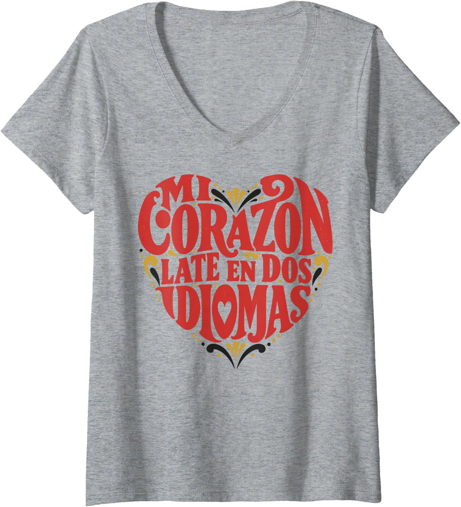 Women's Mi Corazon Bilingual Spanish Maestra Tshirt for Teacher V-Neck T-Shirt - Heather Grey