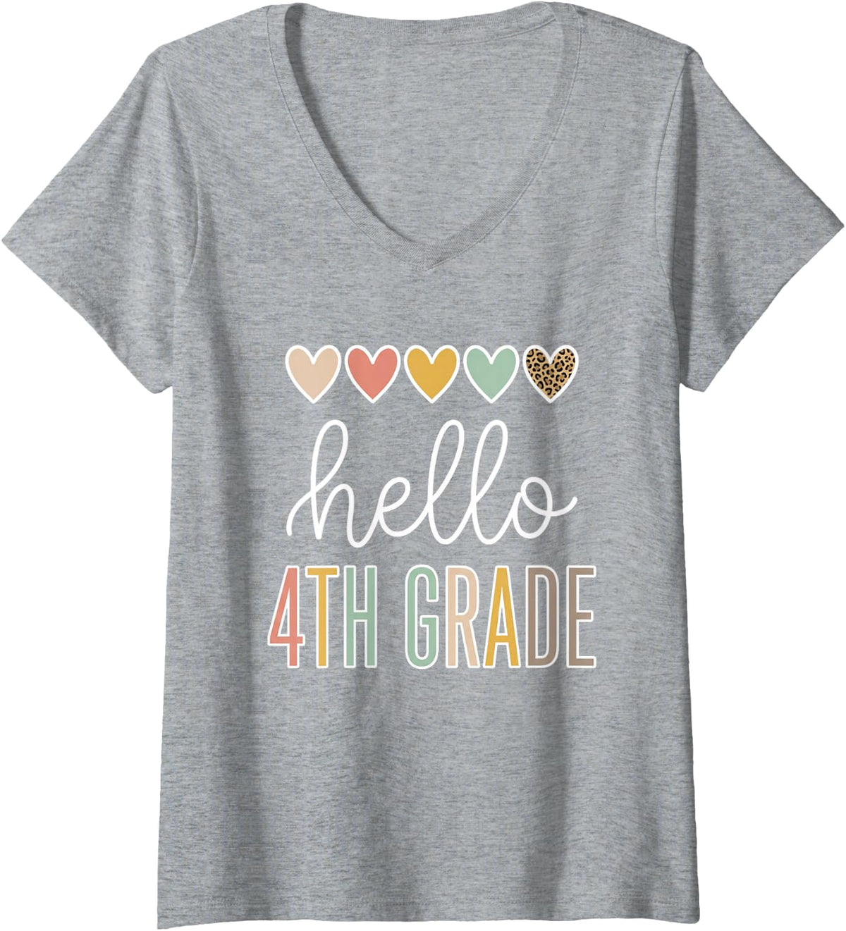 Women's Hello 4TH Grade Teacher Elementary School Boho Hearts V-Neck T-Shirt - Heather Grey