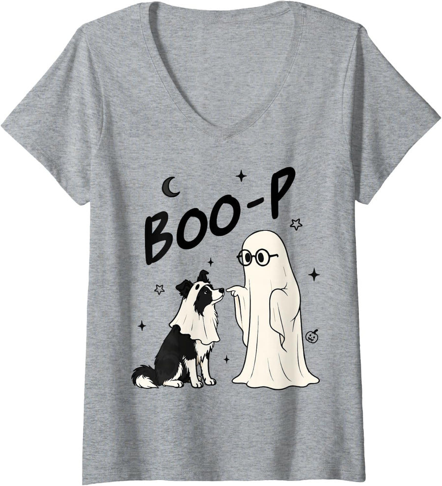 Women's Ghost Border Collie Halloween Dog Costume Illustration V-Neck T-Shirt - Heather Grey