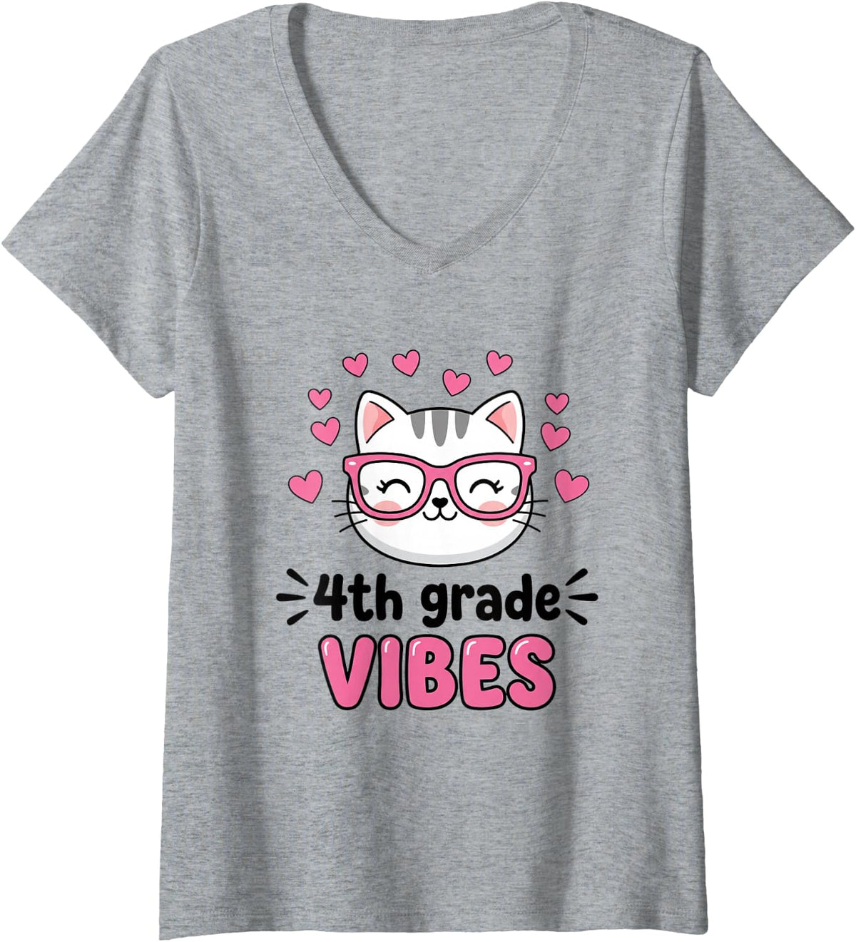 Women's 4TH Grade Vibes Cute Cat Back to School Girls Student V-Neck T-Shirt - Heather Grey