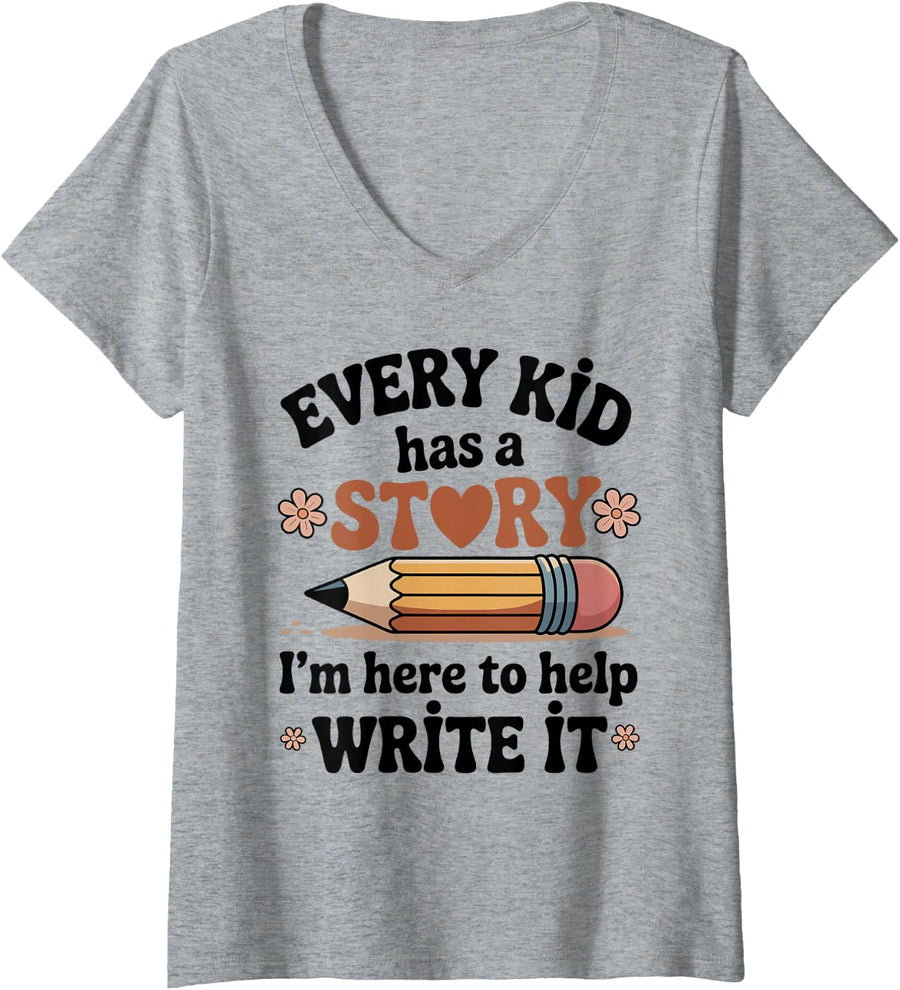 Women's Every Kid Has A Story Funny School Psychologist V-Neck T-Shirt - Heather Grey