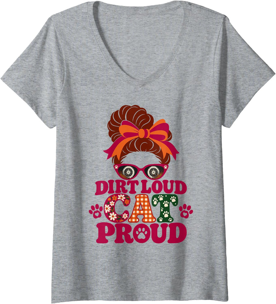 Women's Dirt Bike Cat Lover Humor Dirt Loud Cat Proud Messy Bun Bow V-Neck T-Shirt - Heather Grey