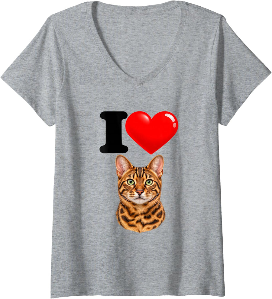 Women's I Love Bengal Cute Cat Mom Dad V-Neck T-Shirt - Heather Grey