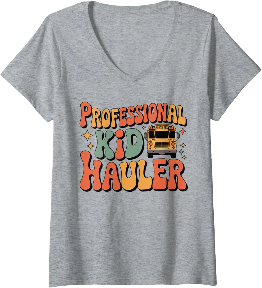 Women's Professional Kid Hauler Funny School Bus Driver V-Neck T-Shirt - Heather Grey