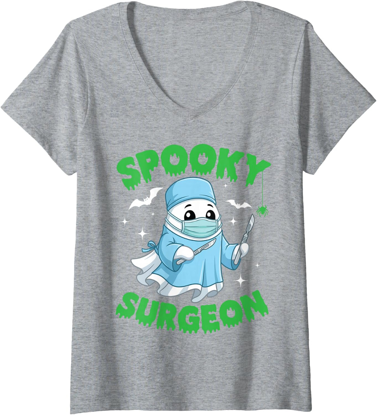 Women's Spooky Surgeon Halloween Cute Ghost Medical Scrub Costume V-Neck T-Shirt - Heather Grey