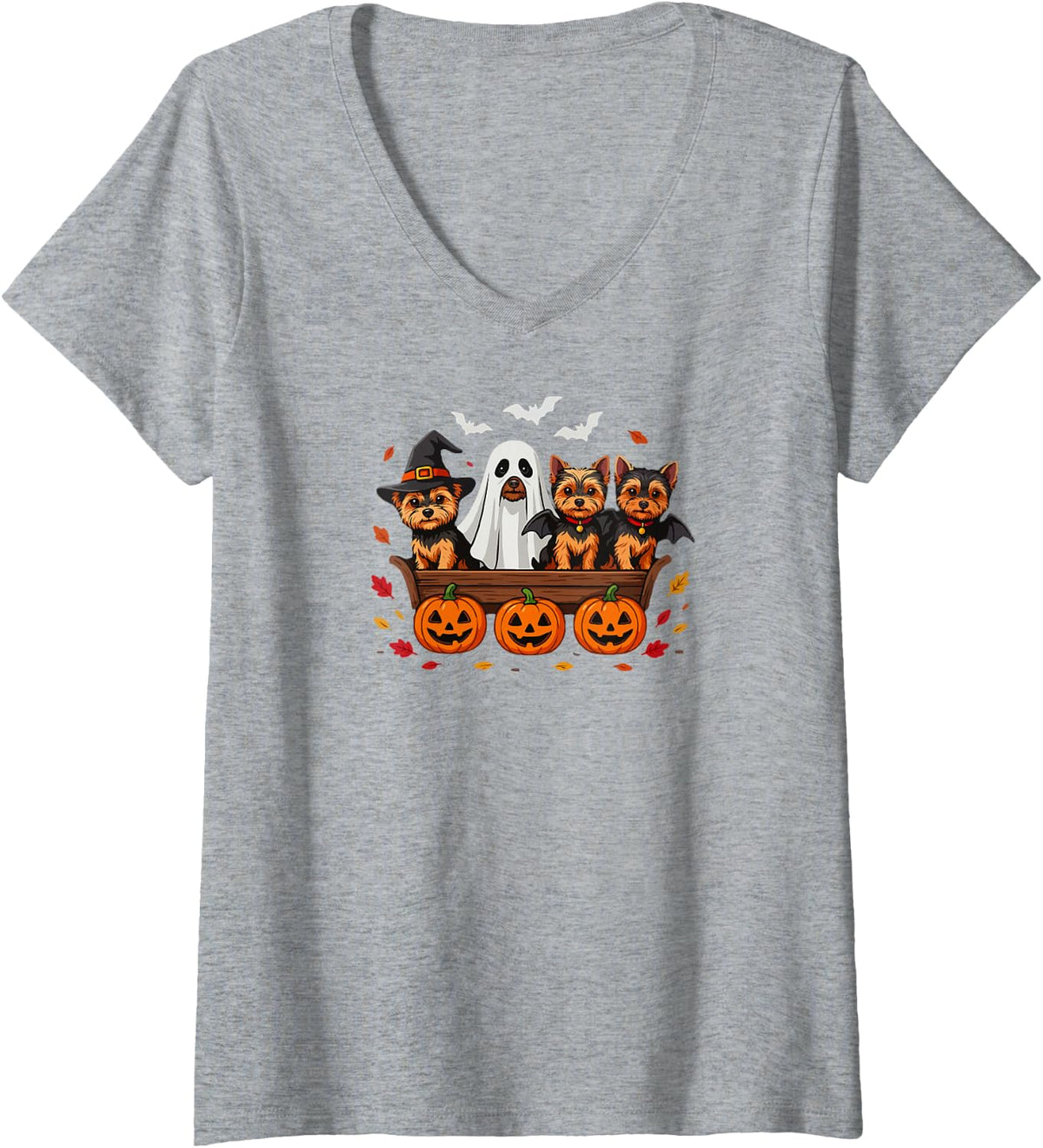 Women's Yorkie Funny Halloween Yorkshire Terrier Dog Halloween Howl V-Neck T-Shirt - Heather Grey