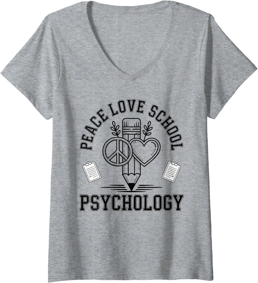 Women's Peace Love School Psychology School Psychologist V-Neck T-Shirt - Heather Grey