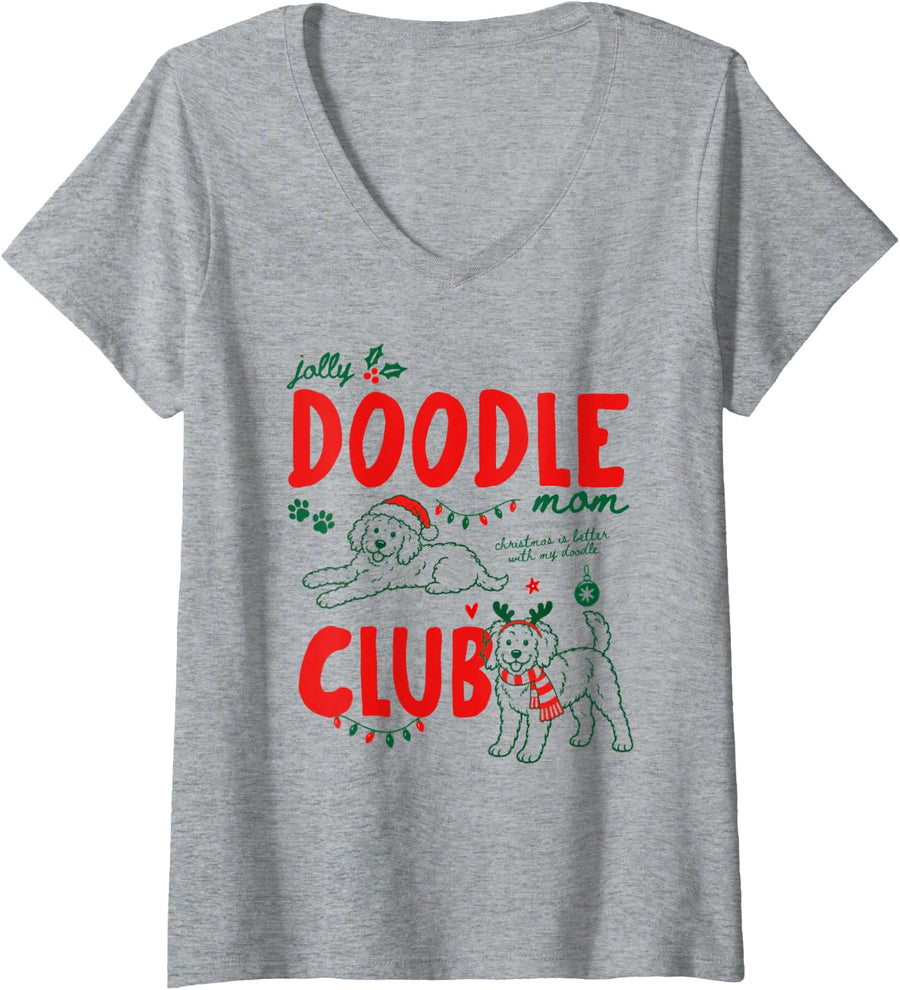 Women's Jolly Goldendoodle Mom Club Christmas Dog Lover Owner Xmas V-Neck T-Shirt - Heather Grey
