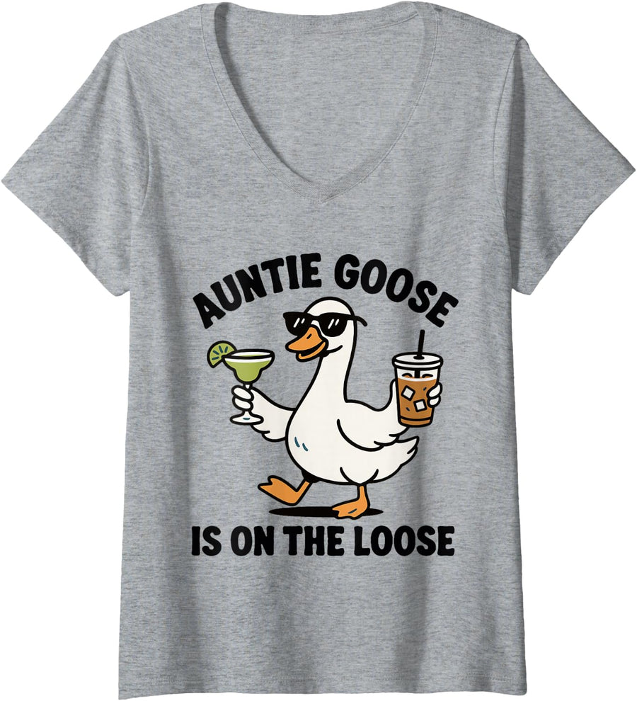 Womens Funny Auntie Goose is On The Loose Auntie Goose V-Neck T-Shirt - Heather Grey