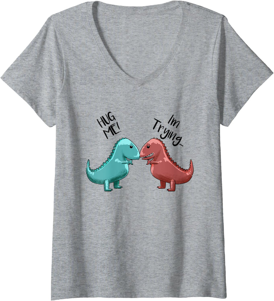 Womens Hug Me I'm Trying Love Funny T-Rex Dinosaur Dino Lover Gift V-Neck T-Shirt - Heather Grey