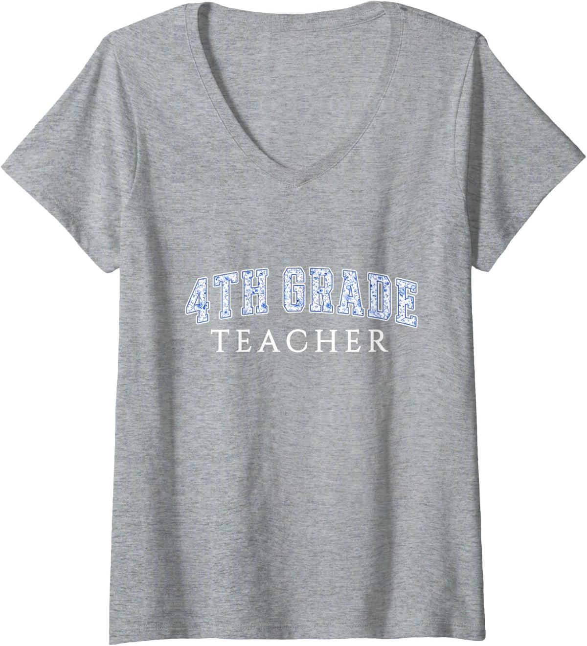 Women's 4th Grade Teacher Blue Floral Varsity Letters Fourth Grade V-Neck T-Shirt - Heather Grey