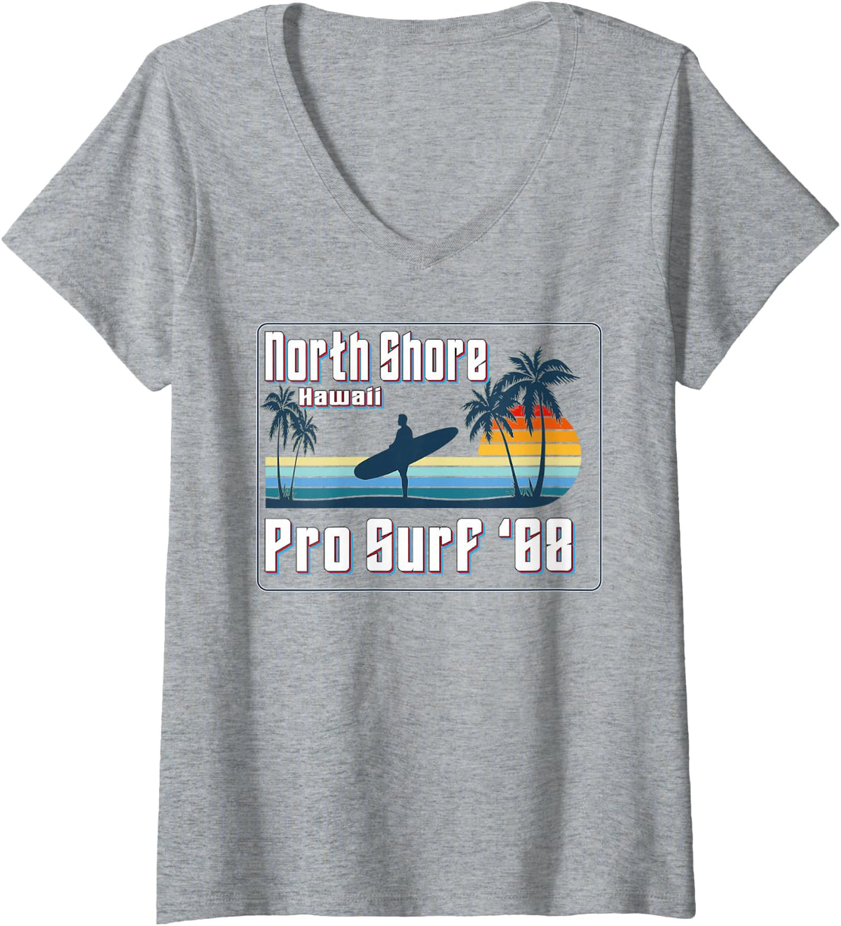 Women's North Shore Hawaii Long Board Surfer Classic Surf Beach V-Neck T-Shirt - Heather Grey