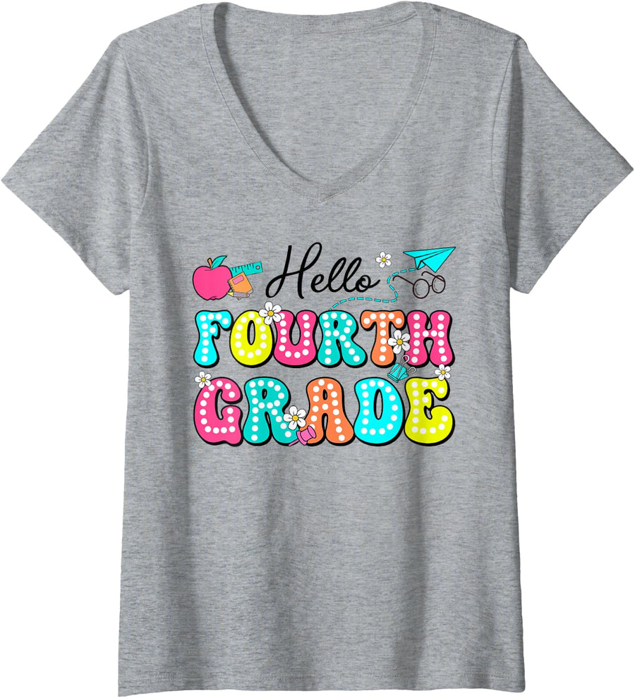 Women's Hello Fourth Grade Team 4th Grade Back to School Teacher Kid V-Neck T-Shirt - Heather Grey