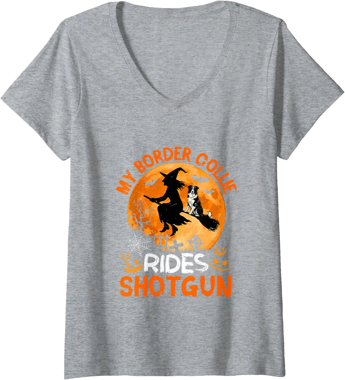 Women's My Border Collie Rides Shotgun Halloween Witch On Broomstick V-Neck T-Shirt - Heather Grey