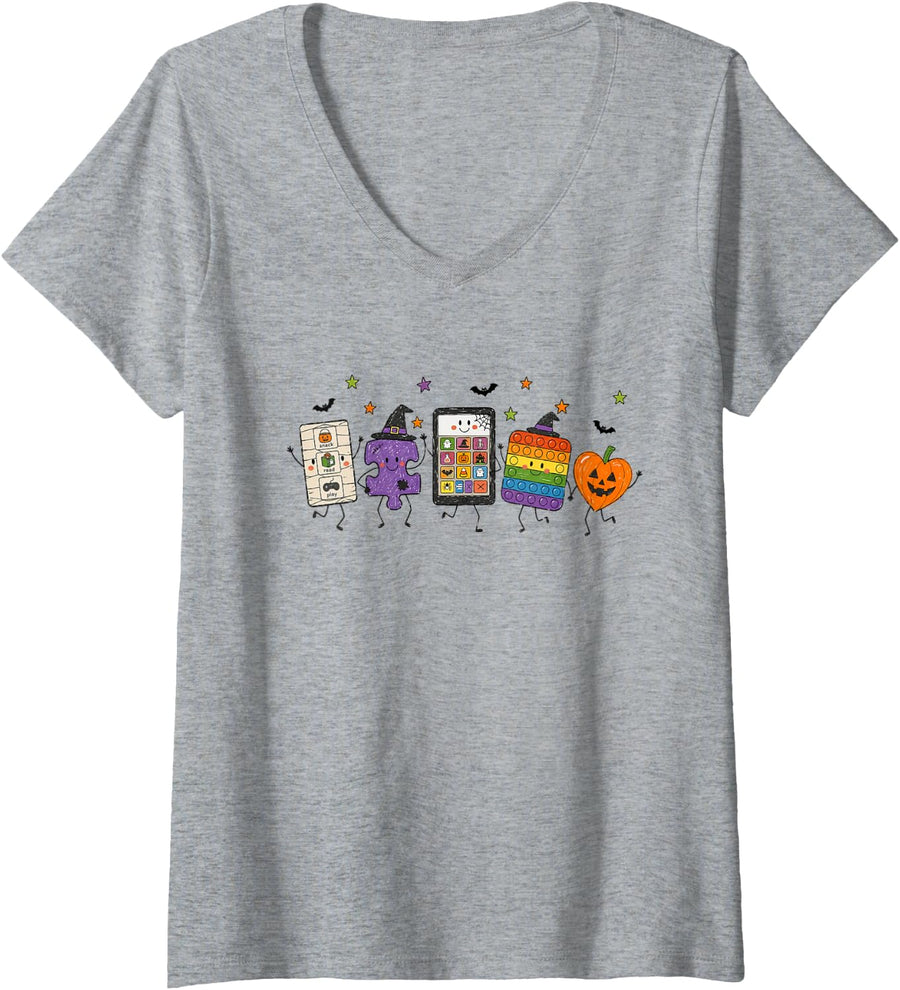 Women's Halloween Autism Support Neurodiversity Spooky Inclusion V-Neck T-Shirt - Heather Grey