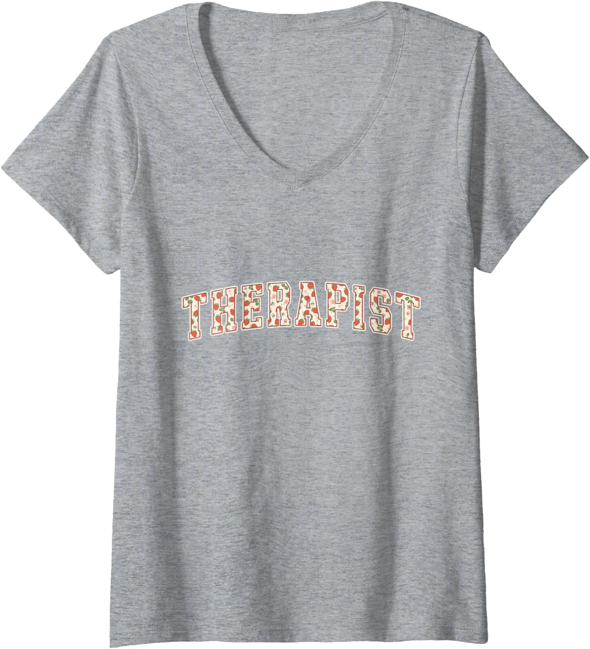Women's Therapist Strawberry Varsity Letters Counselor Mental V-Neck T-Shirt - Heather Grey