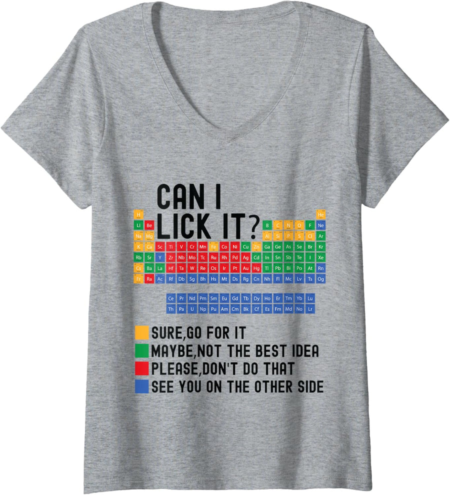 Women's Can I Lick It Periodic Table Funny 100 Days of School V-Neck T-Shirt - Heather Grey