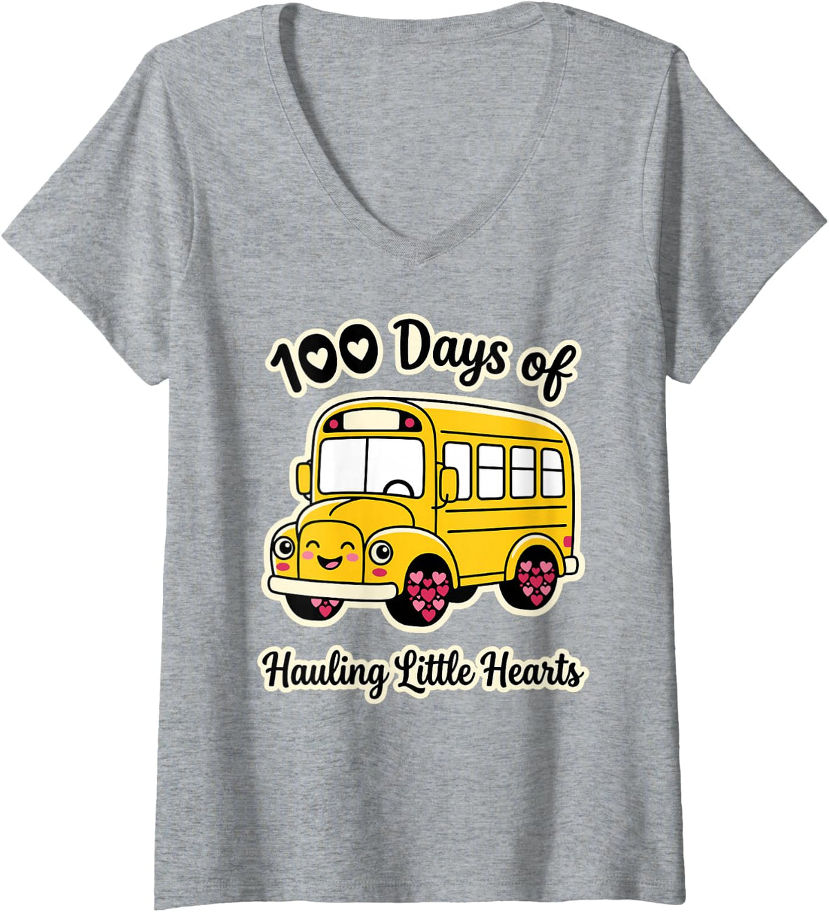 Women's School Bus Driver 100 Days of Hauling Little Hearts Funny V-Neck T-Shirt - Heather Grey