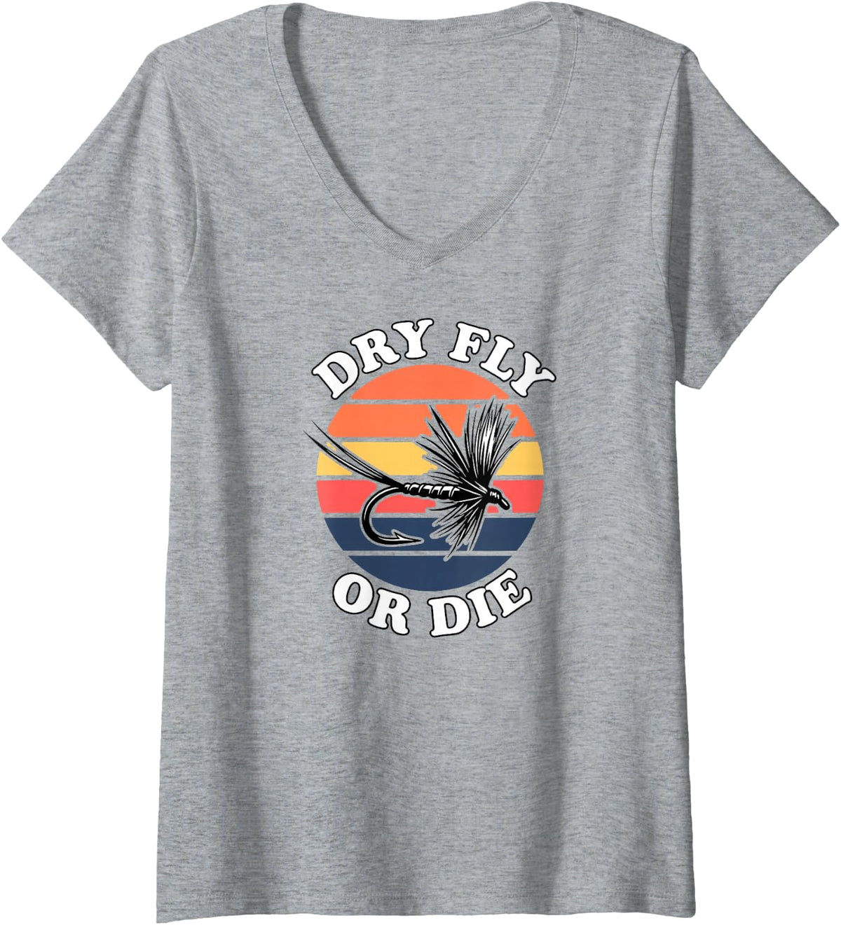 Women's Fly Fishing Dry Fly Or Die Retro Sunset Angler Design V-Neck T-Shirt - Heather Grey